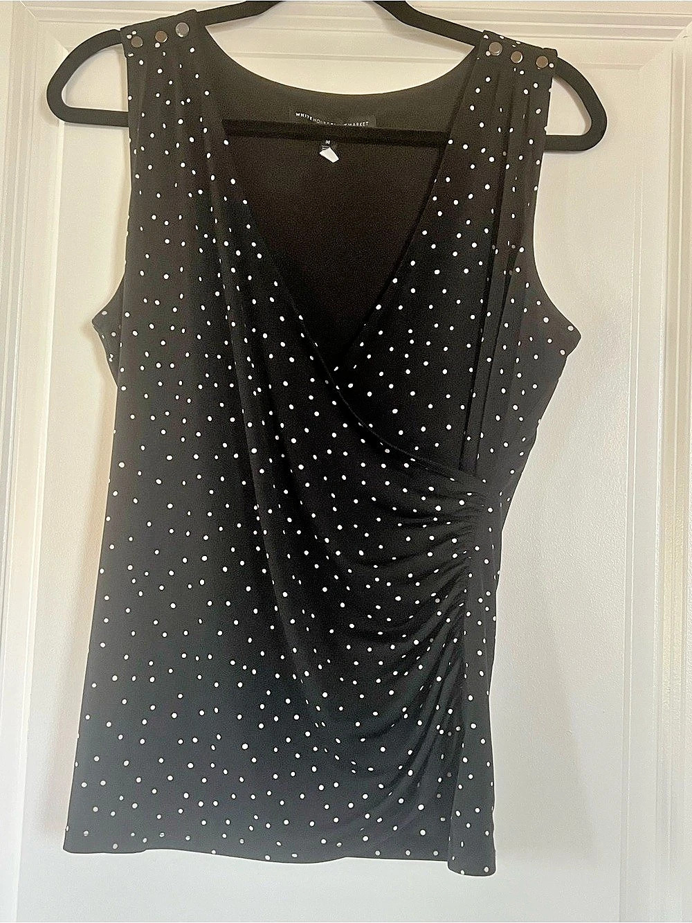 White House Black Market Black & White Polka Dot Draped Tank Top